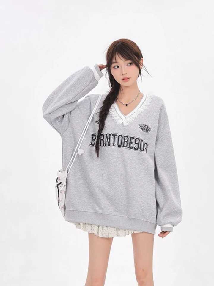 Jmprs Lace Patchwork Y2K Sweatshirts Women Streetwear Retro Loose Letter Pullovers American Casual Long Sleeve Harajuku Tops New J251028