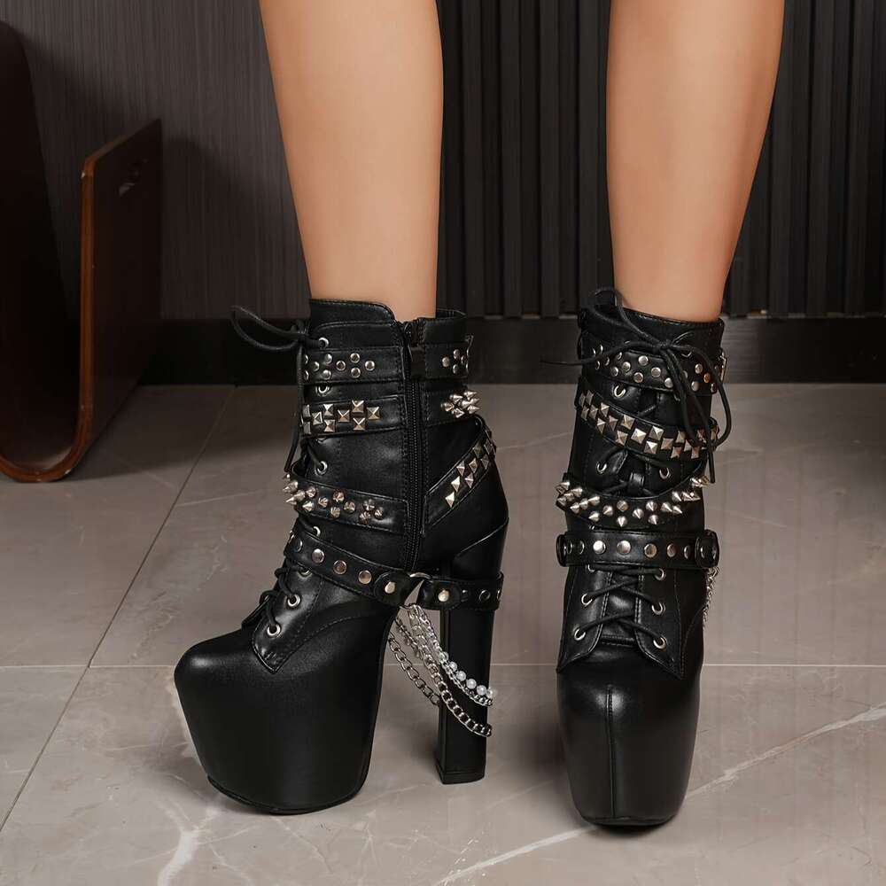 Chunky Ankle 16Cm Thick Platform Heels, Lace-Up Closure, Non-Slip Rubber Sole Gothic Punk Boots For Parties, Everyday & Formal Events Available In EU 