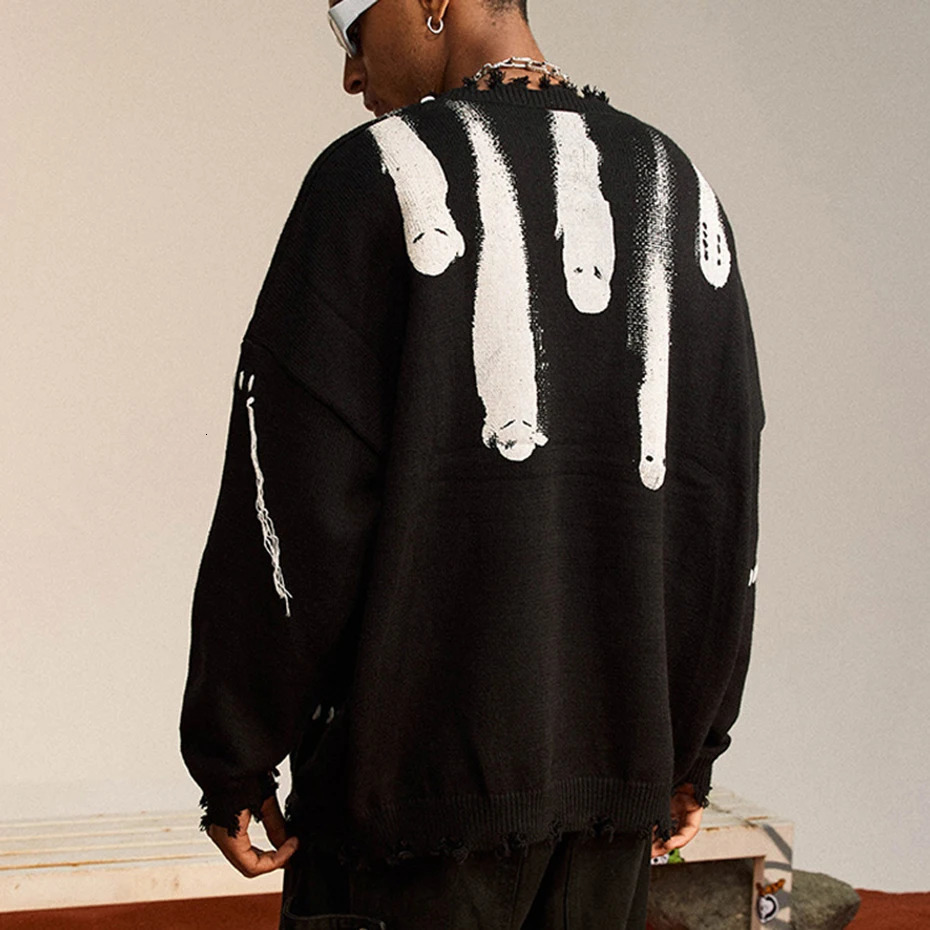 Hip Hop Sweaters Streetwear Y2K Grunge Ripped Ghost Print Punk Gothic Knitted Jumpers Autumn Harajuku Casual Pullover Sweaters 251023