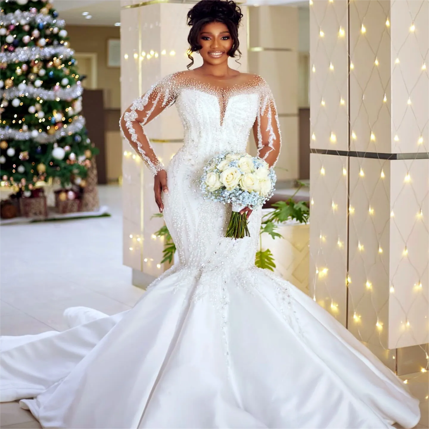 Arabic Aso Ebi Plus Size Mermaid Wedding Dress in White with Beaded Crystals Sequined and Stunning