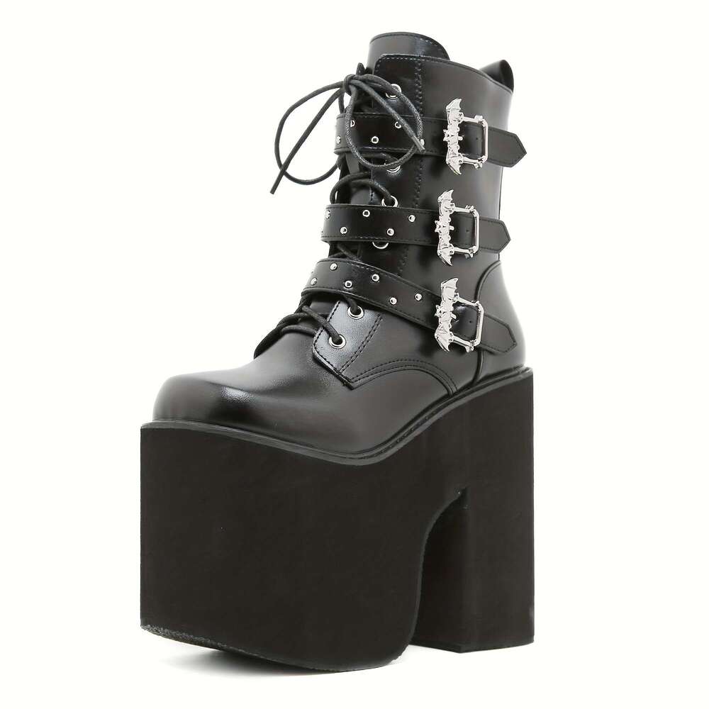 Women's Mid-Calf Platform Boots, Punk Style Solid Color, With Buckle Detail, Side Zipper, And Lace-Up Front, Flannel Lined, Rubber Sole, Hand Was