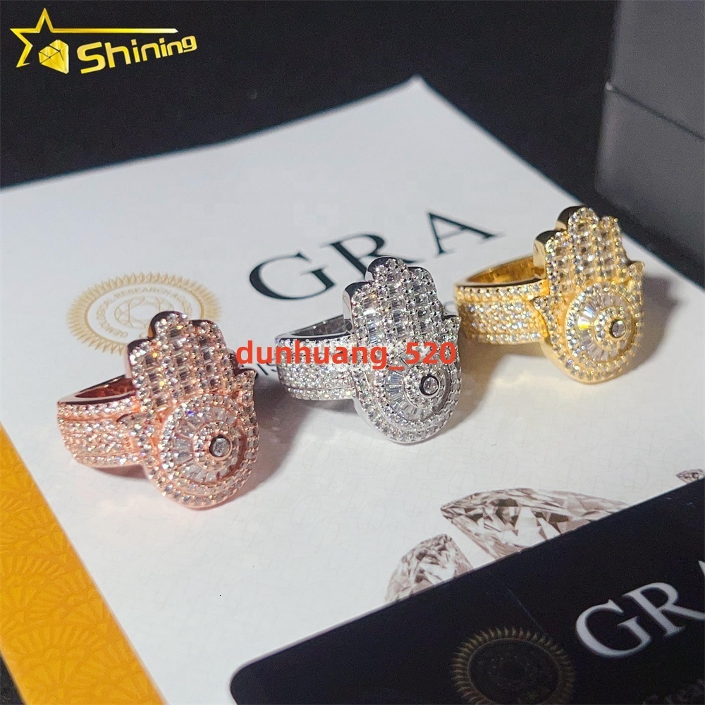 Wholesale Price High Quality Baguette Diamond 925 Silver Rings Hip Hop Moissanite Hamsa Hand Ring
