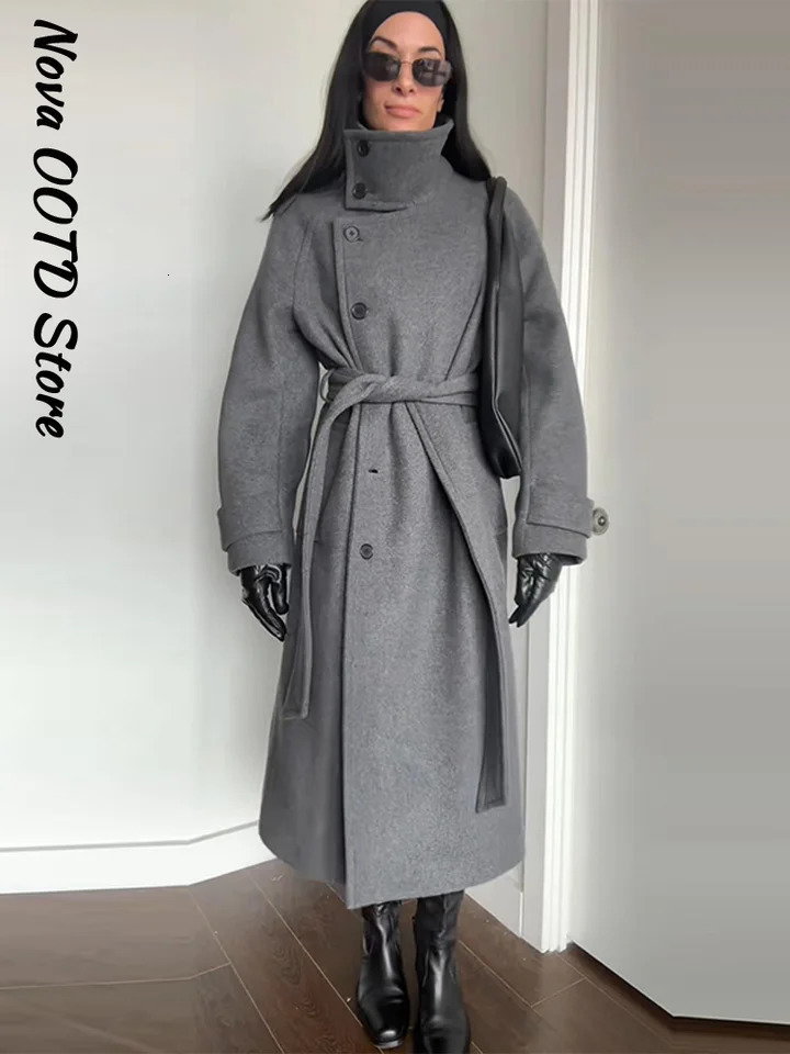 Chic Lace Up Long Woolen Coat Women Stand Collar Single Breasted Full Sleeve Thick Overcoats Autumn Winter Lady Outwear 251023