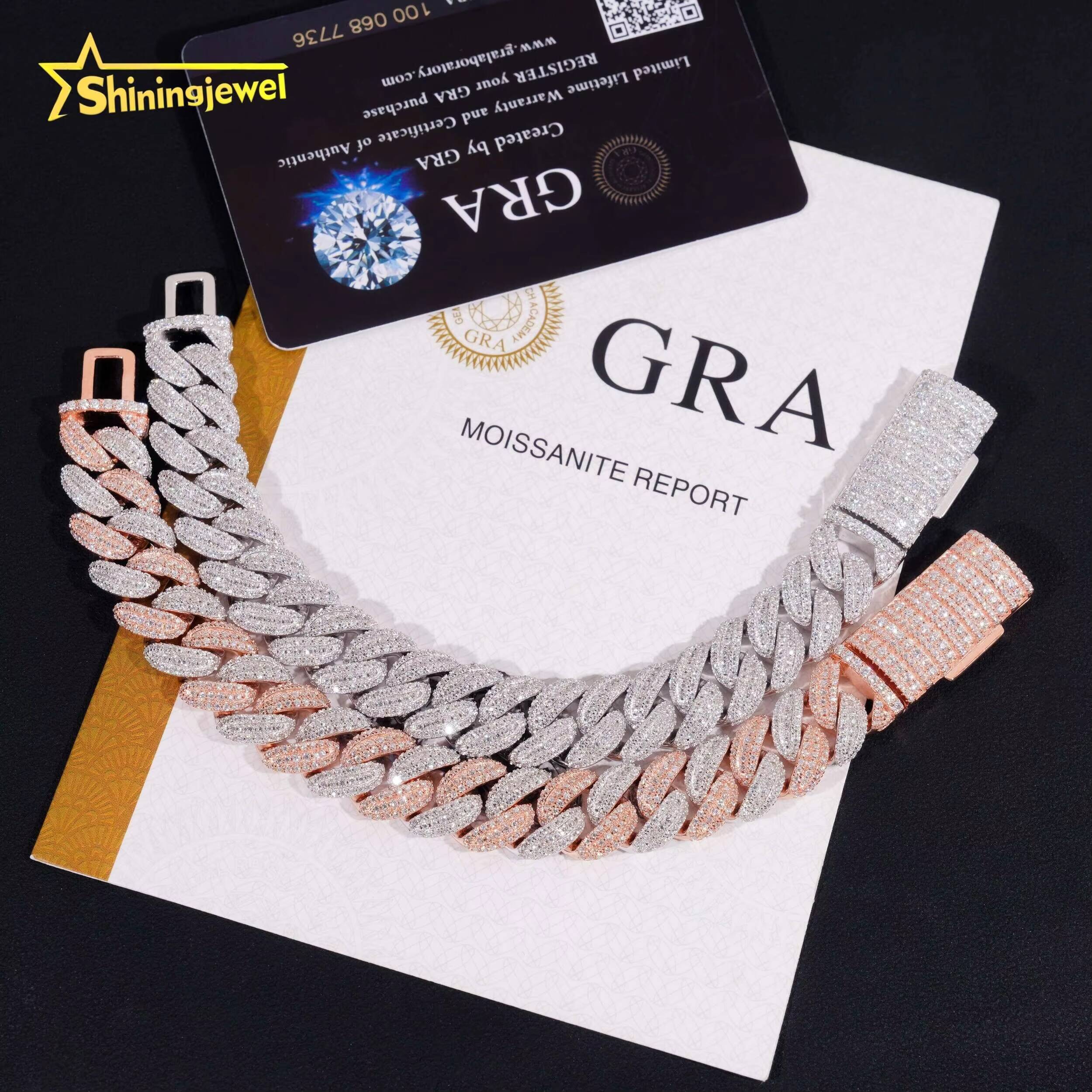 High Quality Iced Out Moon Shape 925 Silver Two Tone Hip Hop 13mm Mens Moissanite Cuban Link Bracelet