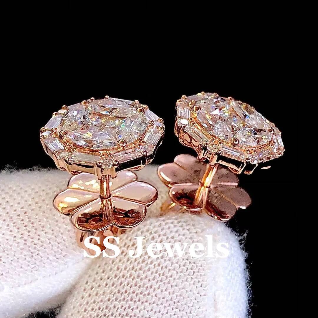 Luxury VVS Moissanite Cluster Stud Earrings Round Baguette Marquise Cut Diamond Design in 925 Silver Rose Gold for Women