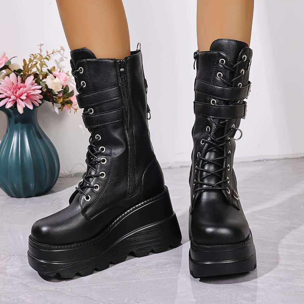 Women's Combat Riding Platform Knee High Boots, Lace Up Fall Lug Sole Gothic Motorcycle Boots With Inside Zipper