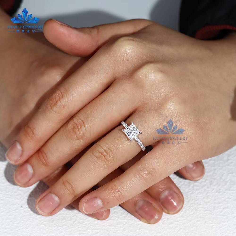 Solid 925 Sterling Silver Princess Cut Ring 2ct Moissanite Lab Diamond Engagement Jewelry 18K Gold Plated VVS Ring Moissanite