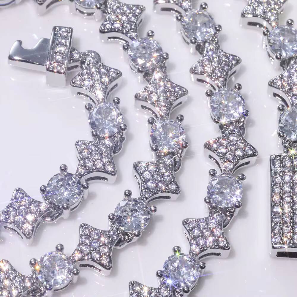 Hiphop Custom Star Shape Round Cut Shiny VVS Moissanite Chain 6mm 925 Sterling Silver Tennis Chain Womens Fine Jewelry