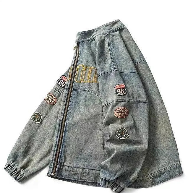 Vintage washing denim jacket mens loose paired with zipper top letter embroidered street clothing hiphop casual 251017