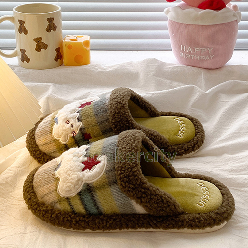 designer slides cozy warm cotton slippers stylish ladies winter indoor outdoor fuzzy cartoon slippers soft faux fur flats home shoes size 36-41