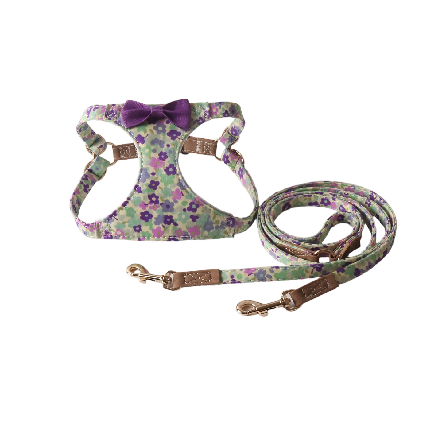 Fashion Floral Pattern Pet Harness Leash Set with Bowknot, Adjustable & Durable,Stylish Walking Gear, Comfortable Pet Vest Harness with Leash for Smal
