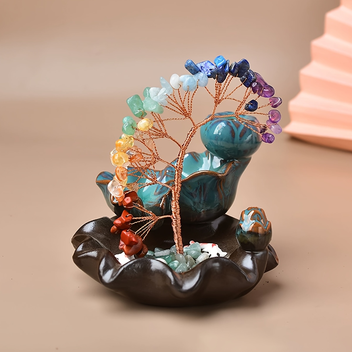 Designer Handmade Wealth Tree with Colorful Crystal Stone Woven Ornament, Colorful Bohemian Style Home Decor, Holiday Gift