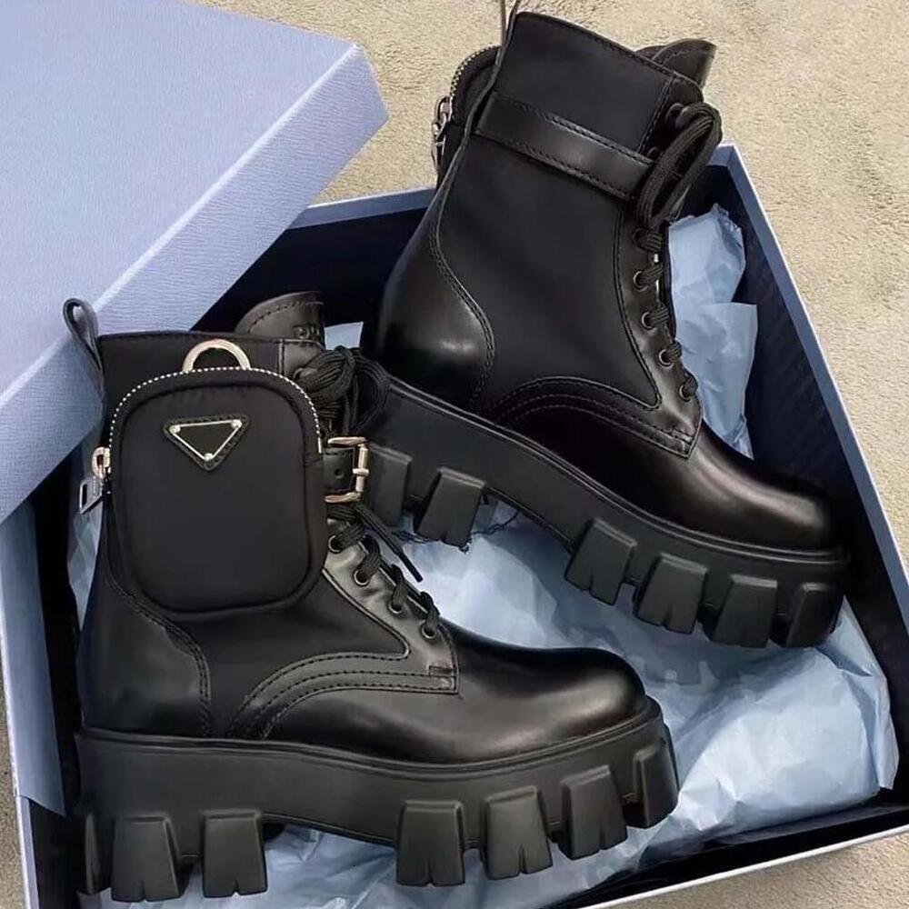 Designer Monolith boots Chunky heels boots leather Loafers nylon fabric patchwork bag ankle boots brand motorcycle boots women boot fashion shoes 35-42