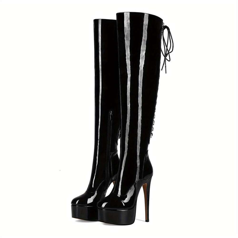 Women's Quality Cover-Like High-Heeled Platform Knee-High With Lace-Up Closure Glossy Cover/Fabric Lining Stiletto Heel Arch Tapered Leg Boot For