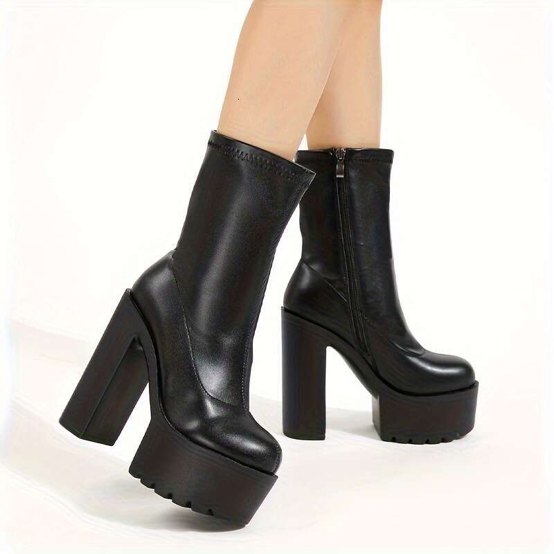 Women's Chunky Platform - Sexy Black Faux Cover Ankle With Elastic Side Zipper, Round Toe & All-Season Versatile Design For Parties, Casual Outin