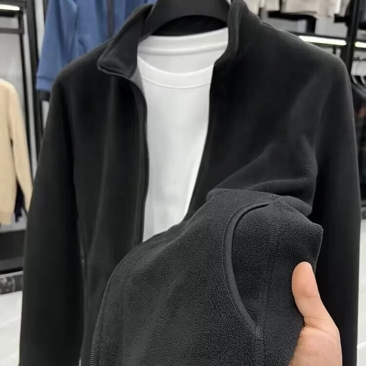 Mens Double Sided Fleece Jacket with Stand Up Collar and Zipper Warm Windproof Windbreaker Casual Sportswear 251027