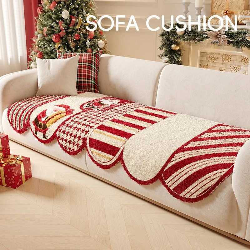 New Christmas Red Sofa Cover Fabric Anti Slip and Warm Autumn and Winter Sofa Cushion Straight Row Thick Plush Not Easy To Fade C251028