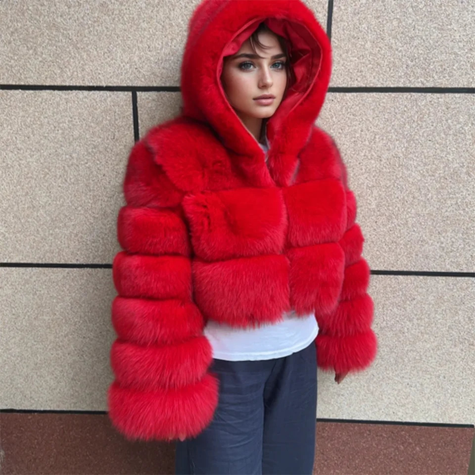 Natural fox fur hooded jacket high street women winter fur jacket real fox fur natural raccoon fur 3 rows hooded fur coat 251027
