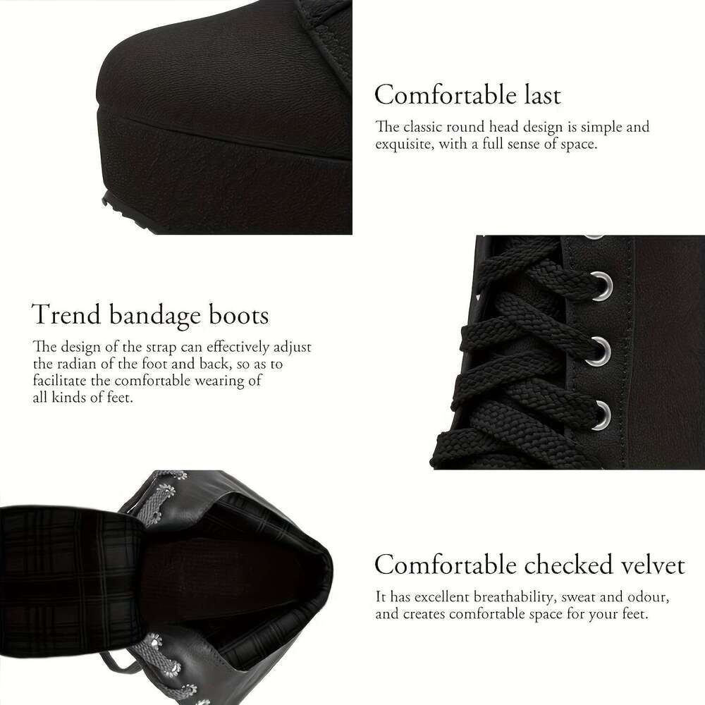 Decorative Boots| Stylish Women's Mid-Calf Platform With Lace-Up Closure, Sexy Round Toe, And Buckle Straps - Black PU Cover Heels For Fashionabl