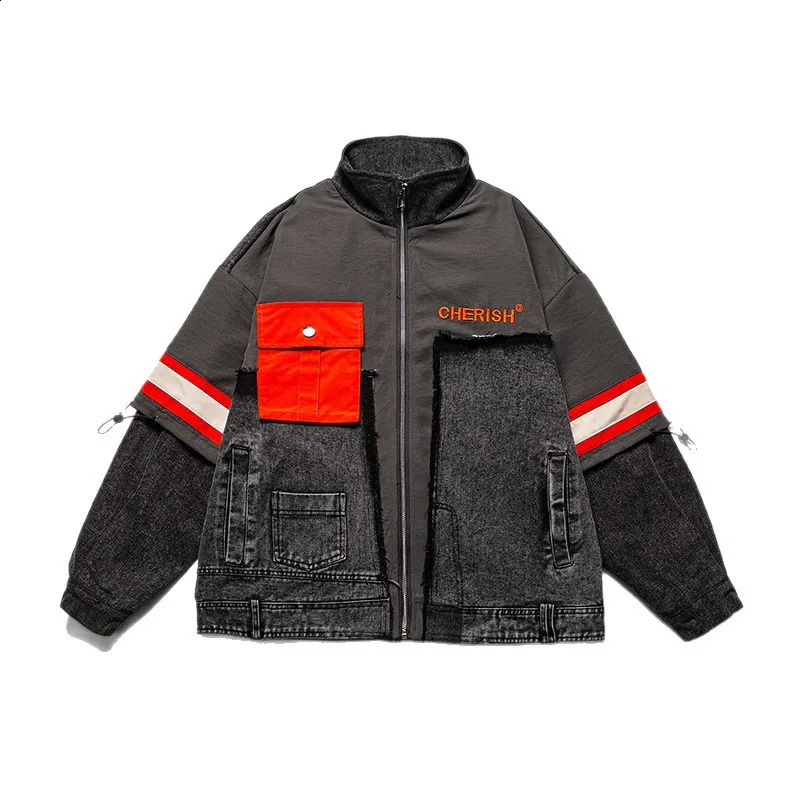 Mens High Street Hip Hop Jeans Jacket With Patchwork Fashion Streetwear Patched Denim Coat Embroidery Baggy Y2K Outerwear 251017