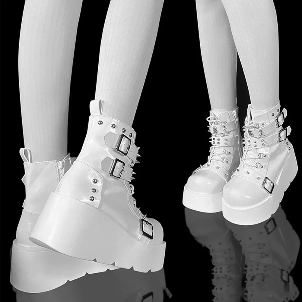 Gothic Style Platform Cosplay Women Midcalf Boots Winter Wedges Comfy Motorcycle Shoes w251013
