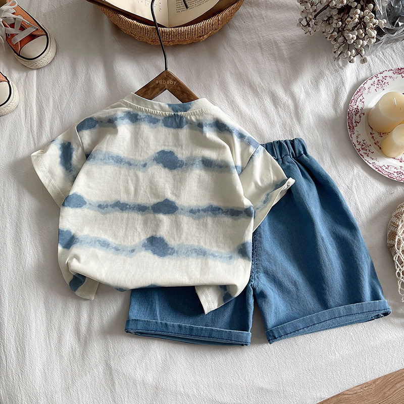 Free Shipping 2025 Boys Summer Outfit, Crab Print Stripe Short Sleeve 2-Piece Set, Casual Beach Clothing for Baby Boy & Toddler