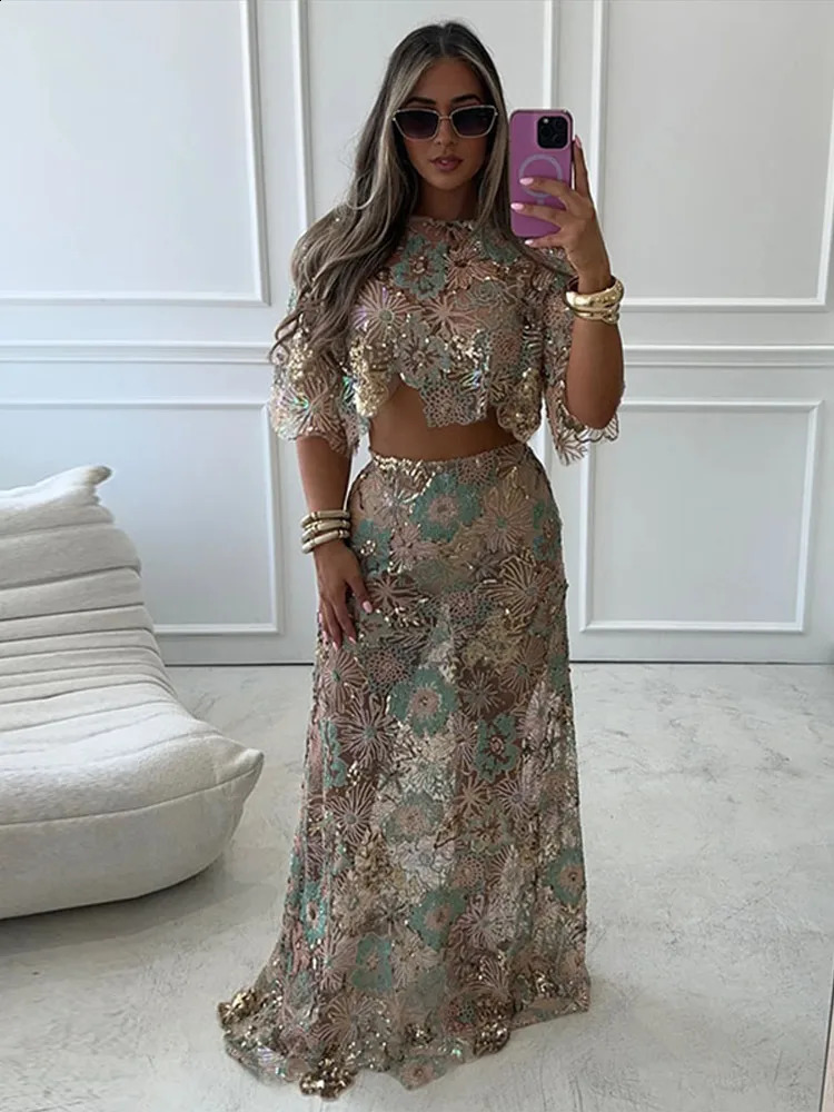 Retro Embroidered Sequins Top Long Skirt Set Lady Sexy Irregular Short Tops Perspective Beads Skirts Sets Women 2025 Chic Street 251028