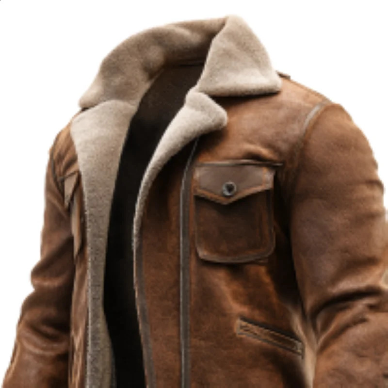 Mens Brown Suede Leather Jacket Vintage Style Faux Shearling Lining Winter Warm Biker Coat Retro Aviation Outerwear 251027