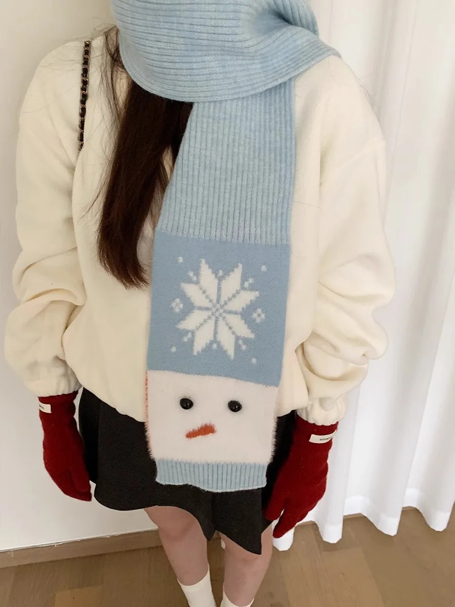 Womens Winter Warm Neck Scarf With Wool Christmas Atmosphere Fluffy Snowman And Snowflake Versatile Small Neck Warmer 251024