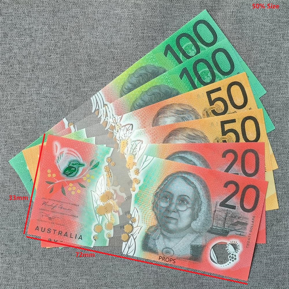 5A ULTRATHIN Polymer AUD Australian Prop Money Notes 20 50 100 Dollar Movie Australia Money Plastic Realistic with Clear Window 75*32mm 50% Size