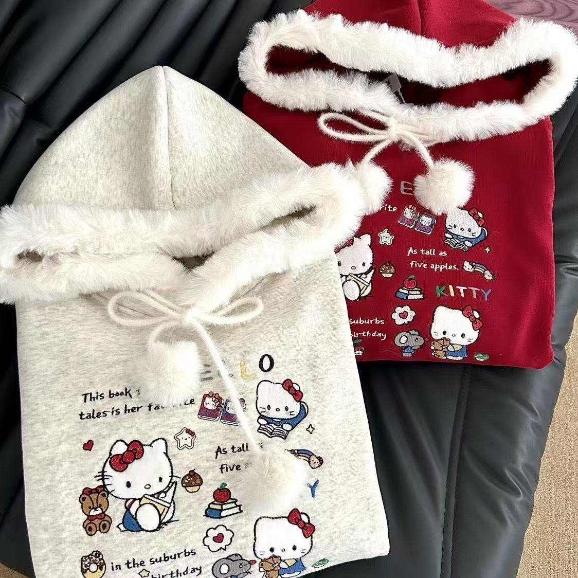 Sanrio KT Cat Embroidery Pure Cotton Girls' and Tweens' Thickened and Fleece-Lined Warm Hooded Sweatshirt Coat L251028