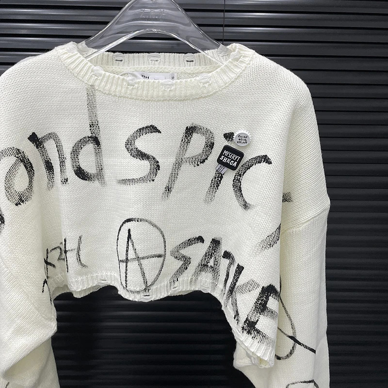 DEAT 2025 Autumn Fashion n Letter Printed Knit Sweater Top For Women Loose High Waist Oneck Pullover Female 11A05680 251027