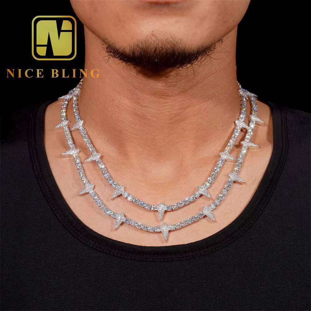 Iced Out Jewelry 4MM Pointed Tennis Chain 925 Silver Moissanite Diamond Tennis Necklace Pass Diamond Tester New Arrival