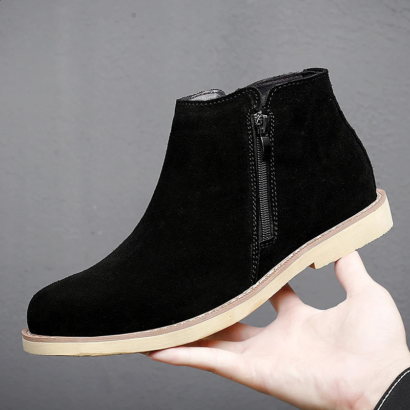 Vintage Basic Sand Color Men Suede Chelsea Boots Natural Leather Zip Pointed Toe Formal Ankle Boots Men Wood Zapatillas Hombre 251023