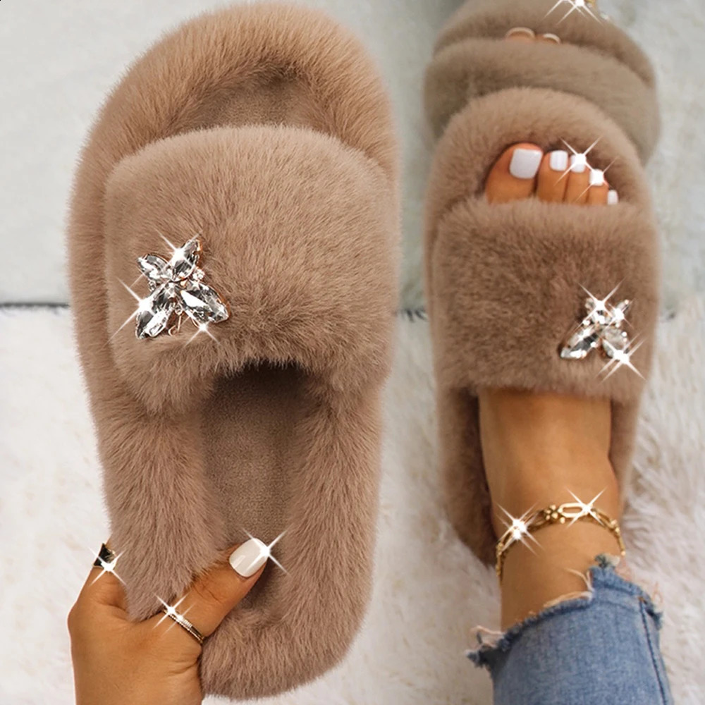 Women Fluffy Slippers Fur Slides Crystal Butterfly Faux Fur Sandals Glitter Rhinestone Platform Slippers Female Shoes 251023