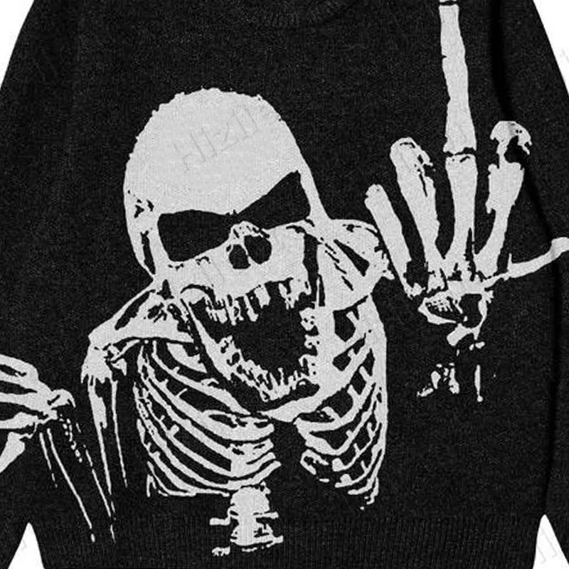 BIG PROMOTION Y2K European and American Autumn and Winter Mens Gothic Casual Black Loose Skeleton Print Vintage Knitted Sweater 251023