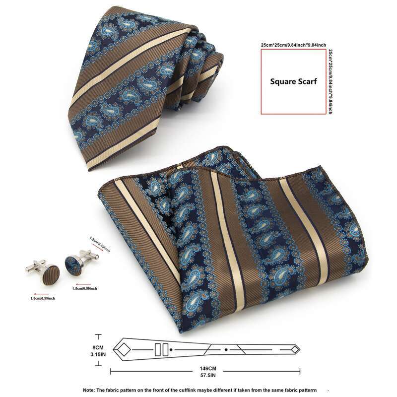 Tie men Includes Cufflinks Pocket Square 3-Piece Set Striped Men's Business Formal Wedding Tie