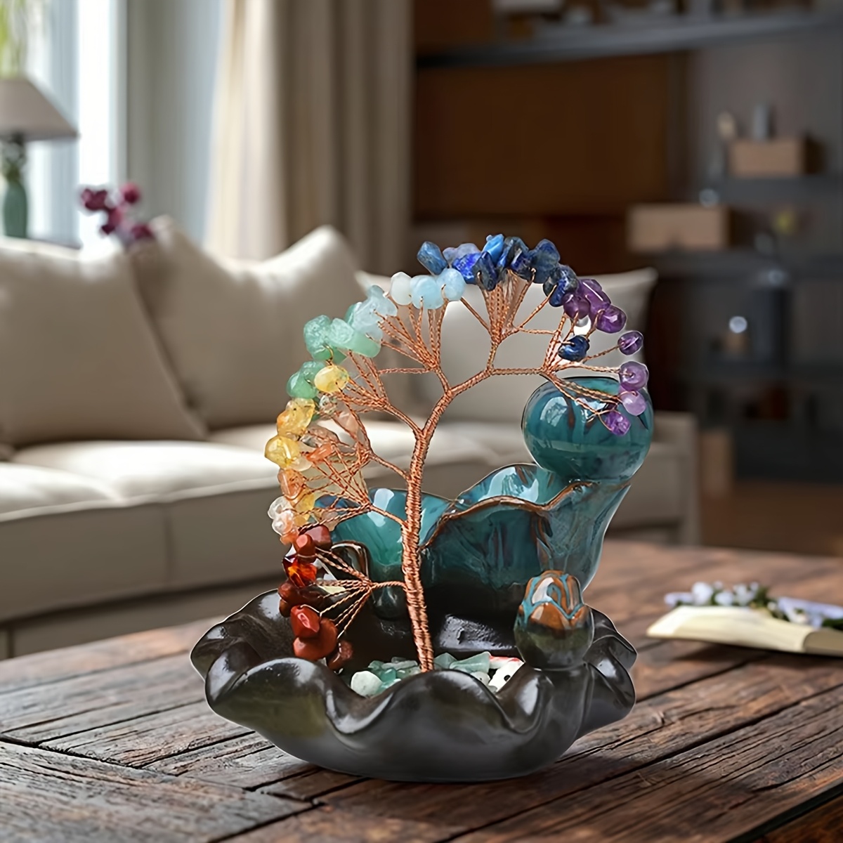 Designer Handmade Wealth Tree with Colorful Crystal Stone Woven Ornament, Colorful Bohemian Style Home Decor, Holiday Gift