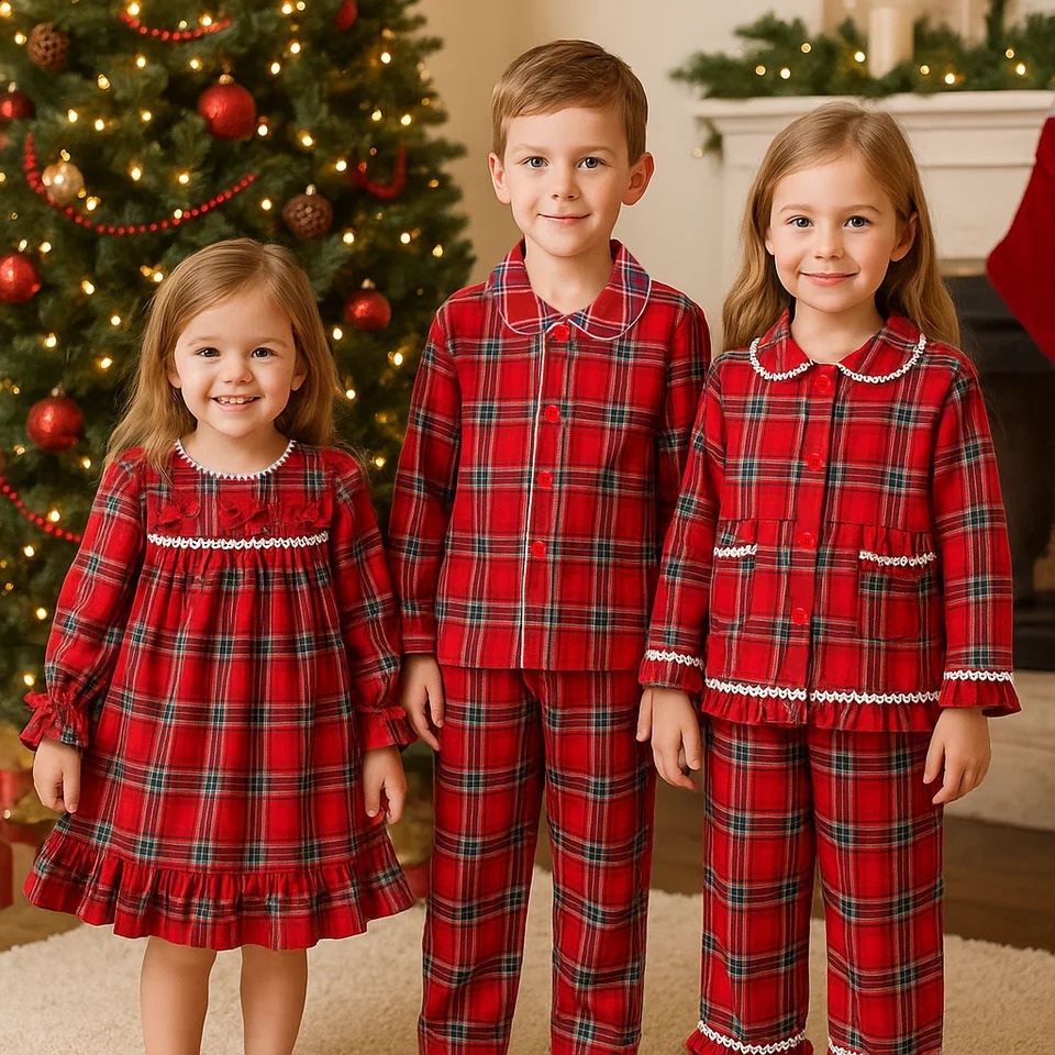 Kids Tales Pajamas Christmas Classic Costume Red Velvet Plaid Suit Family Match Toddler Boy Girl Dress Xmas Set Children Clothes 251023
