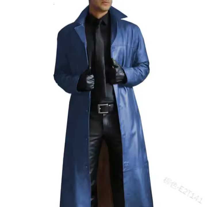 2022 Mens Long Gothic Moto Biker Windbreaker PU Leather Trench Coat Jacket Black Casual Punk Outwear Zipper Plain Dyed Canvas X2510281