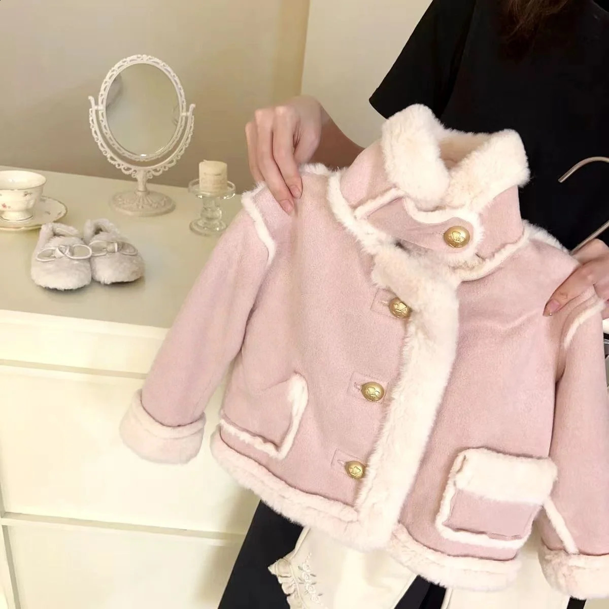 Princess Girls Winter Coat 27Y Faux Shearling FleeceLined Toddler Jacket Warm Thickened Kids Outerwear with Fur Trim 251023