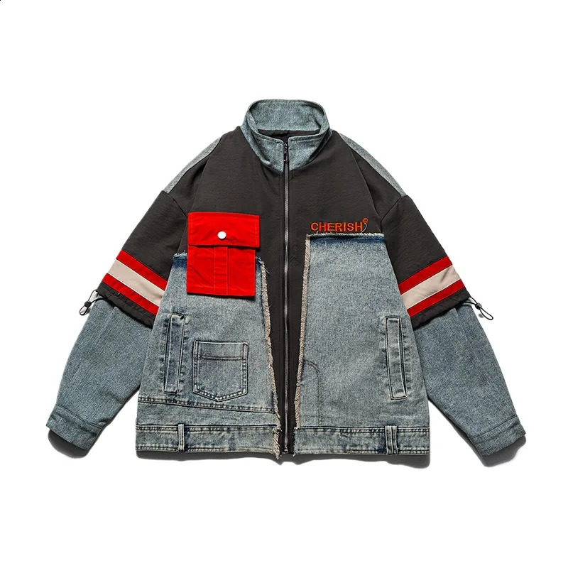 Mens High Street Hip Hop Jeans Jacket With Patchwork Fashion Streetwear Patched Denim Coat Embroidery Baggy Y2K Outerwear 251017
