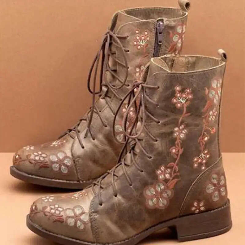 Women's Retro Floral Print Embroidered Ankle Boots - Color-Blocked Square Toe Low Heel With Zipper Closure, Microfiber Cover & Rubber Sole