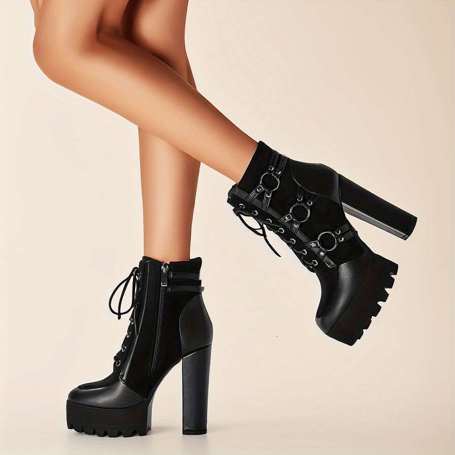 Women's Black Platform Ankle With Chunky Heel, High Quality Buckle Straps & Side Zipper - Stylish Winter Short Boots For Casual Attire, Durable R