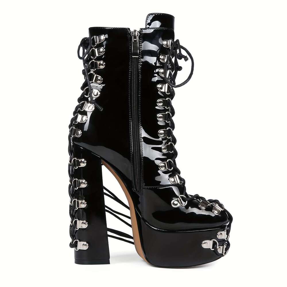 Women's Platform High-Heels With Ankle-Strapping Metal Buckles Glossy Black Gothic Non-Slip Rubber Sole For Parties, Events, Everyday - All-Seaso