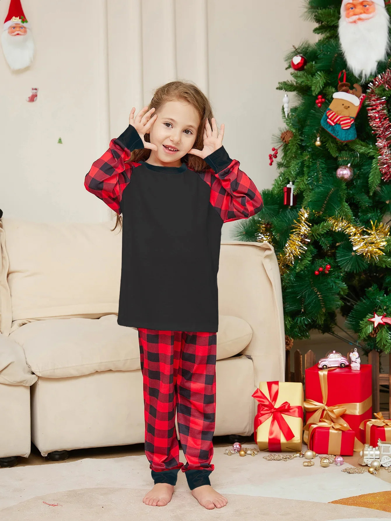Family Christmas Pajamas Set Years Clothes Mom Dad Kids Matching Outfits Plaid Front Plain 2 Pcs Suit Pyjamas Xmas Homewear 251027
