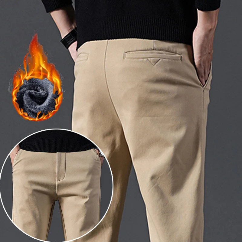 Men Plush Thicken Autumn Winter Casual Pants Male Concise Slim Fit Khaki Royal Blue Trend Thermal Youth Business Trousers 251027
