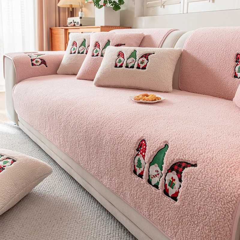 Lamb Wool Santa Claus Embroidered Sofa Cushion Thick AntiSlip Sofa Cover for Living Room Warm Cloth Towel for Autumn Winter C251028