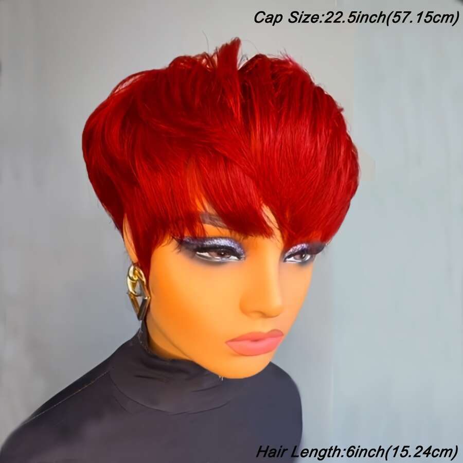 Women's 6-Inch Straight Human Hair Wig With Layered Bangs - Bright Ruby Red Pixie Cut, Density Rose Net Cap, Natural Look For Cosplay & Everyday 