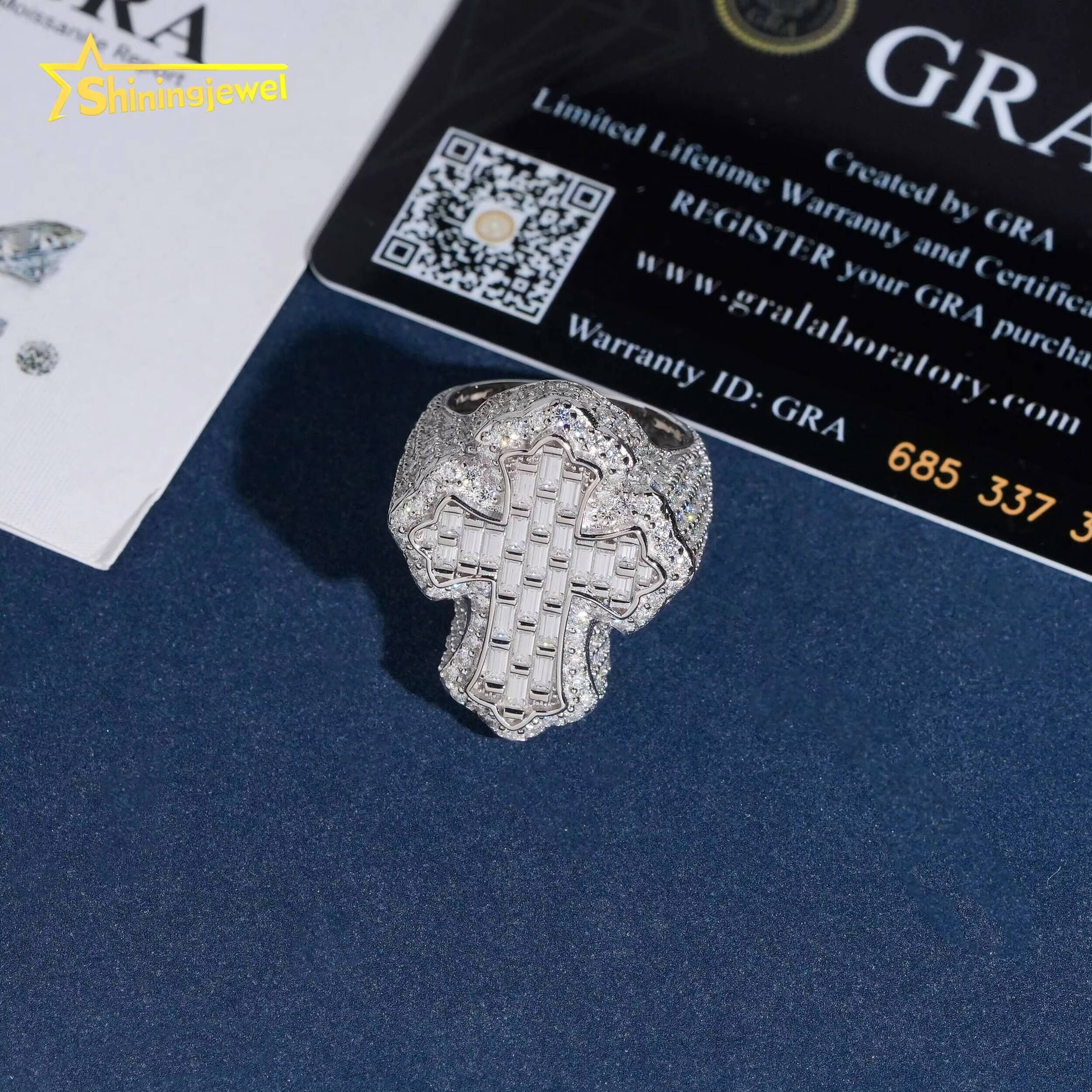 USA Warehouse Shipping 925 Silver Iced Out Baguette Moissanite Cross Ring Custom Hip Hop Moissanite Mens Ring Daily Wear